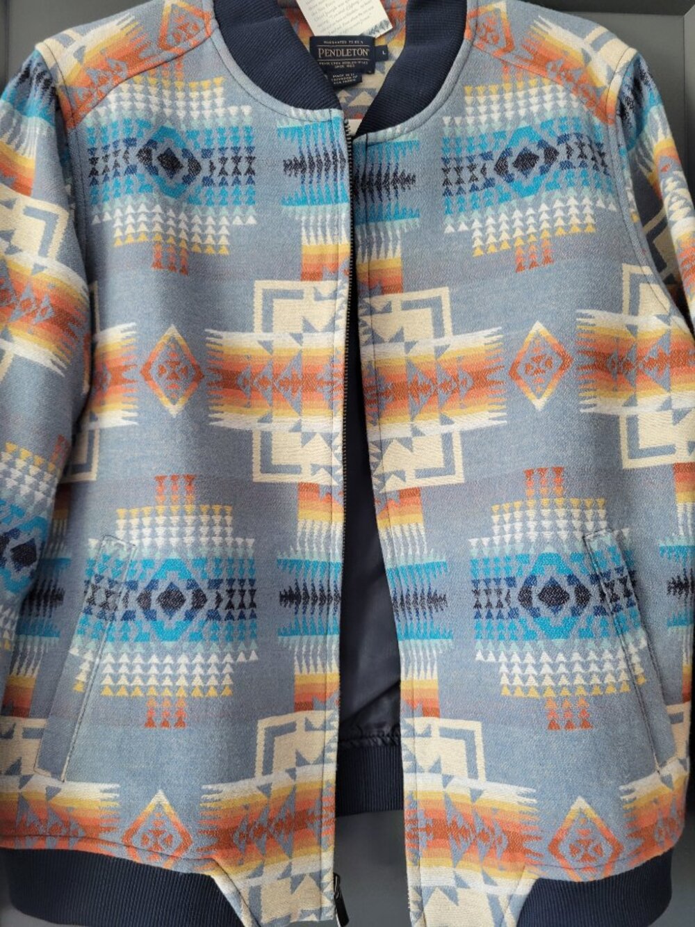 PENDLETON WOMEN'S WOOL BOMBER JACKET NWT L CHIEF JOSEPH PATTERN BLUE MULTI - Picture 8 of 13